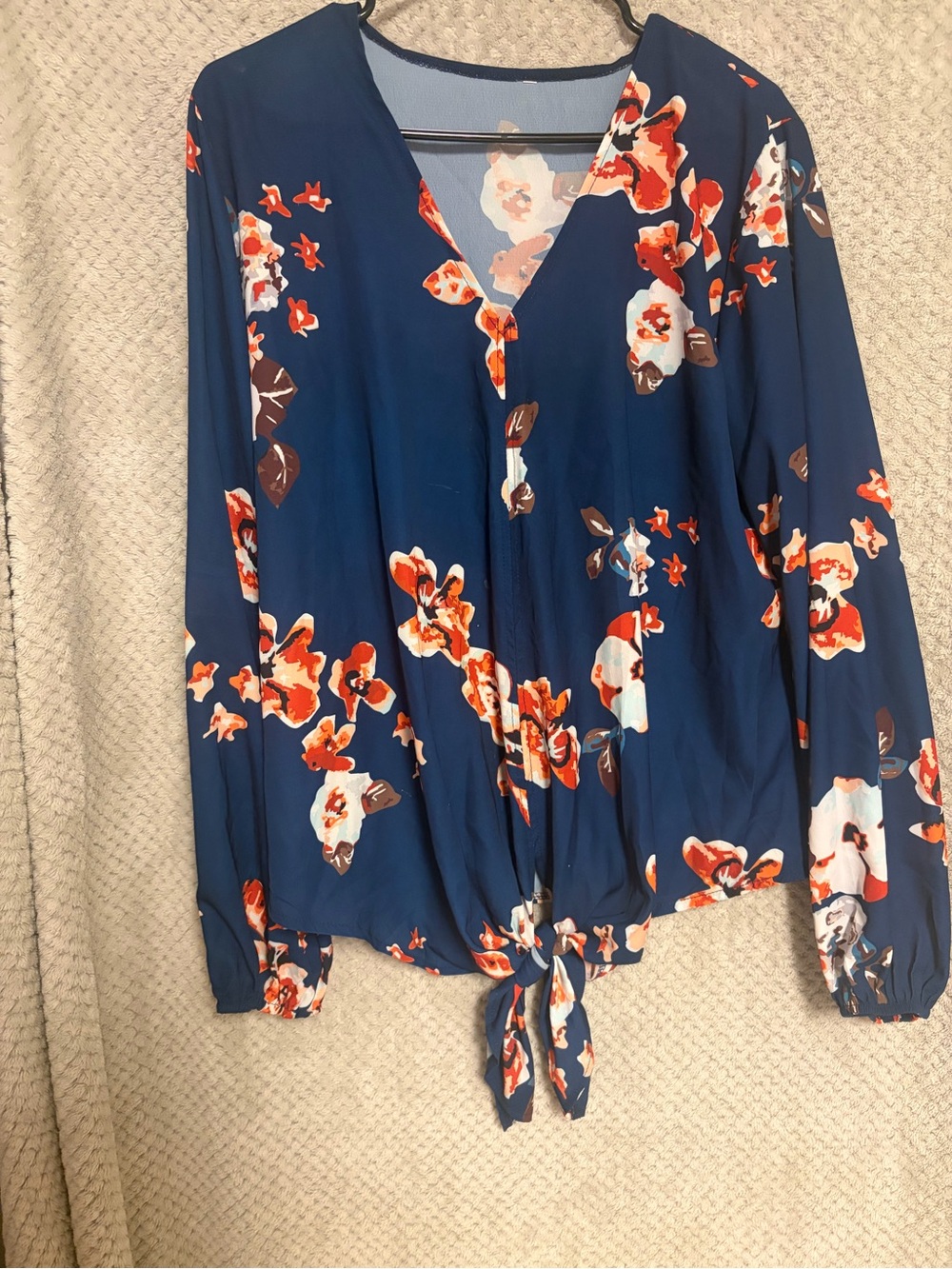 Floral Tie-Front V-Neck Blouse - Navy